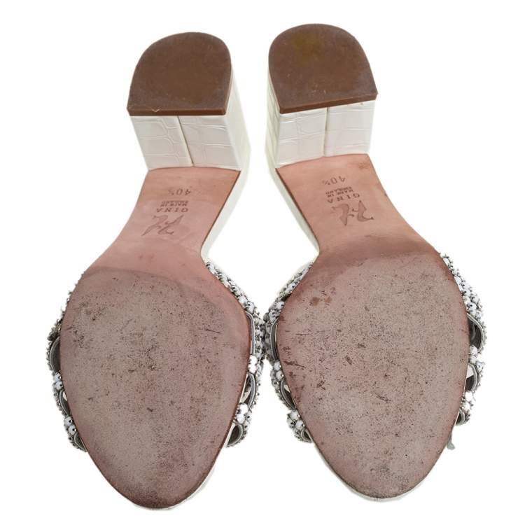 Pre Owned Gina Off White Leather Crystal Embellished Block Heel Slide Sandals Size 40.5