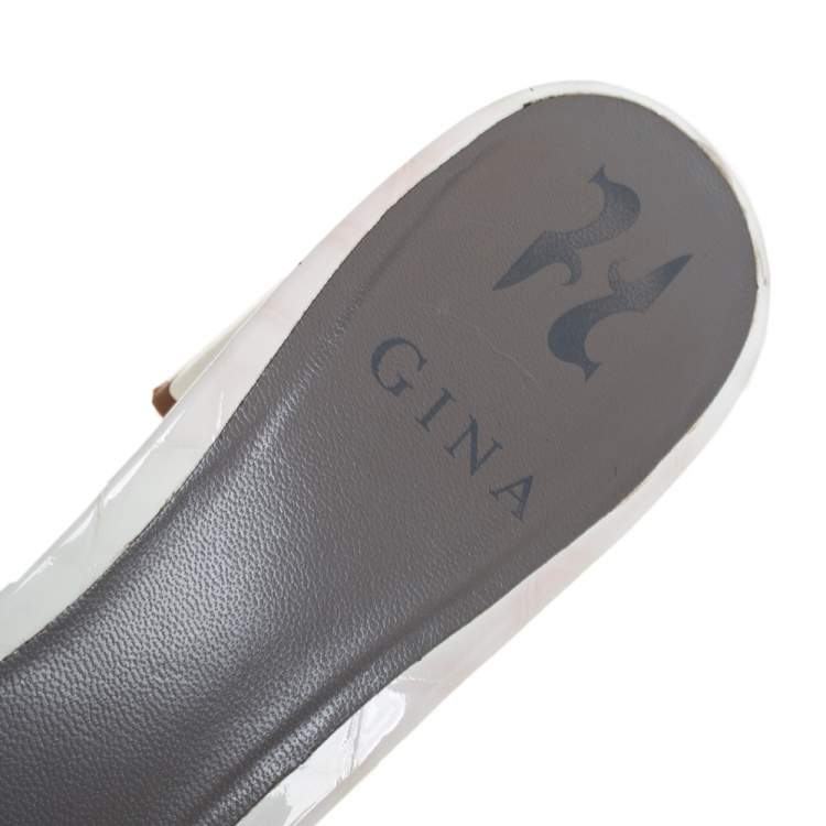 Pre Owned Gina Off White Leather Crystal Embellished Block Heel Slide Sandals Size 40.5