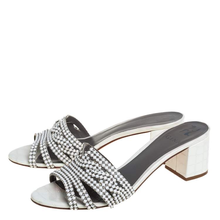 Pre Owned Gina Off White Leather Crystal Embellished Block Heel Slide Sandals Size 40.5