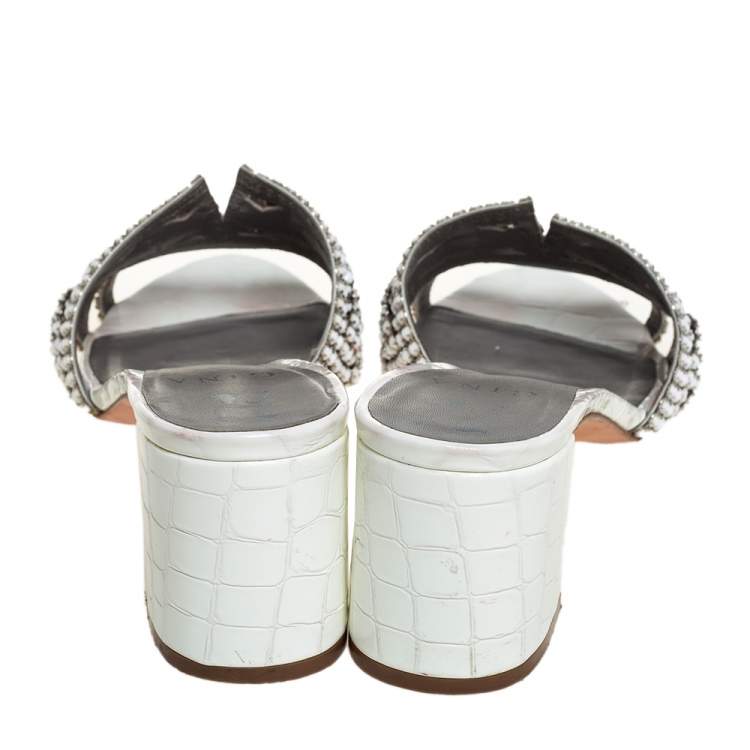 Pre Owned Gina Off White Leather Crystal Embellished Block Heel Slide Sandals Size 40.5