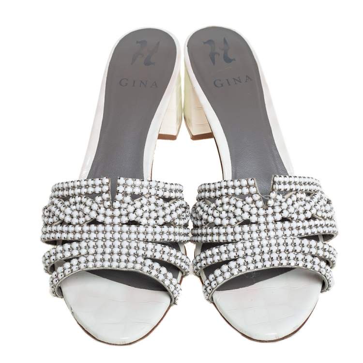 Pre Owned Gina Off White Leather Crystal Embellished Block Heel Slide Sandals Size 40.5