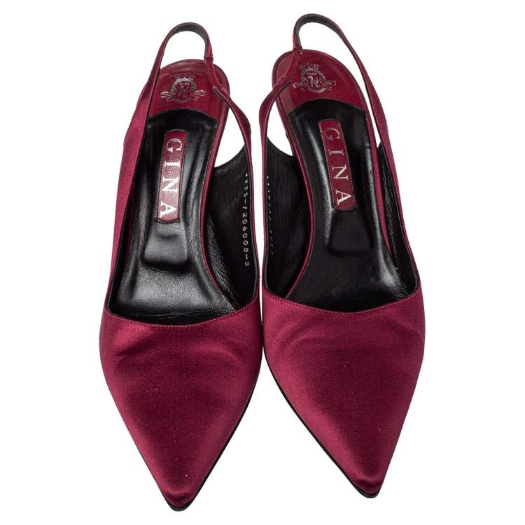 Pre Owned Gina Burgundy Satin Pointed Toe Slingback Pumps Size 41
