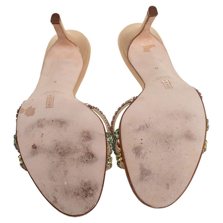 Pre Owned Gina Gold Satin Crystal Embellished Sandals Size 41