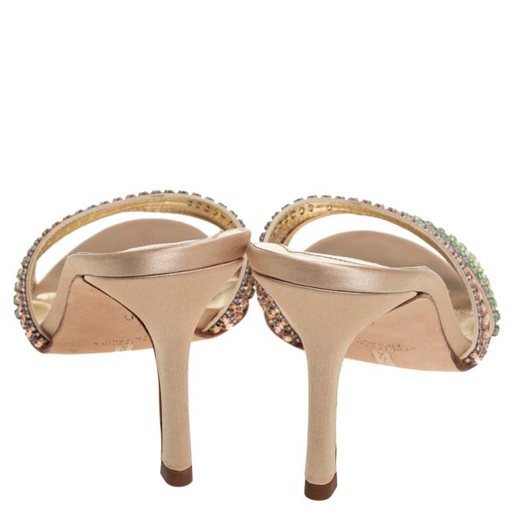 Pre Owned Gina Gold Satin Crystal Embellished Sandals Size 41