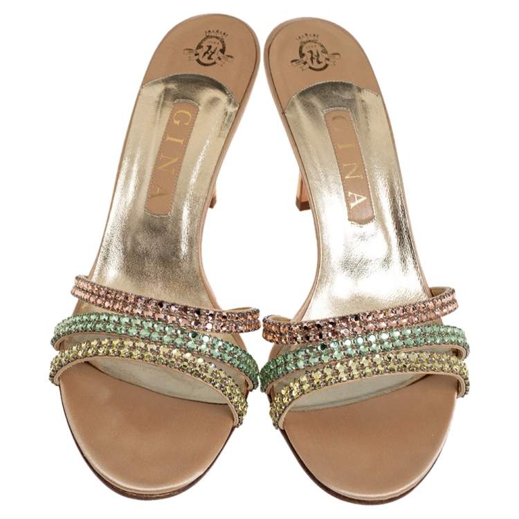 Pre Owned Gina Gold Satin Crystal Embellished Sandals Size 41