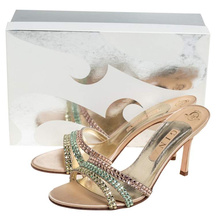 Pre Owned Gina Gold Satin Crystal Embellished Sandals Size 41