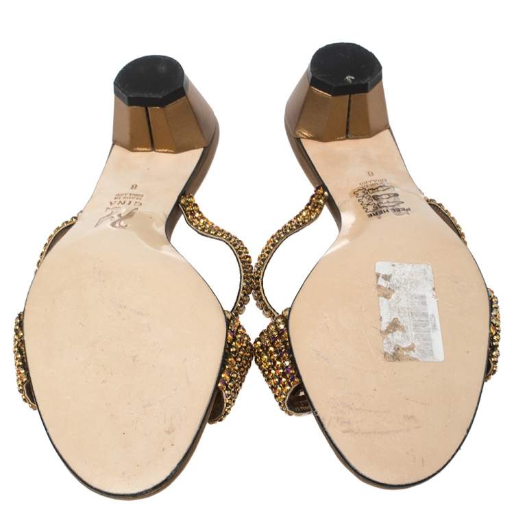 Pre Owned Gina Gold Leather Crystal Embellished Slide Sandals Size 41