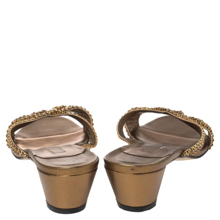 Pre Owned Gina Gold Leather Crystal Embellished Slide Sandals Size 41