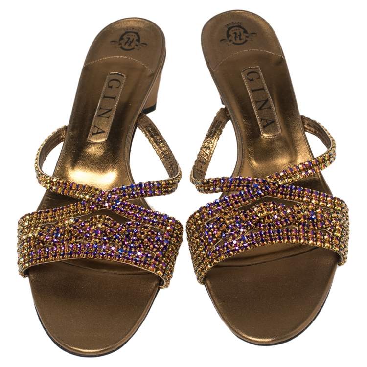 Pre Owned Gina Gold Leather Crystal Embellished Slide Sandals Size 41