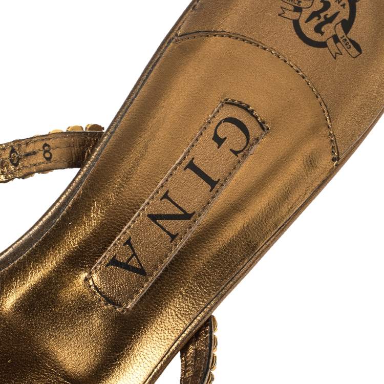 Pre Owned Gina Gold Leather Crystal Embellished Slide Sandals Size 41