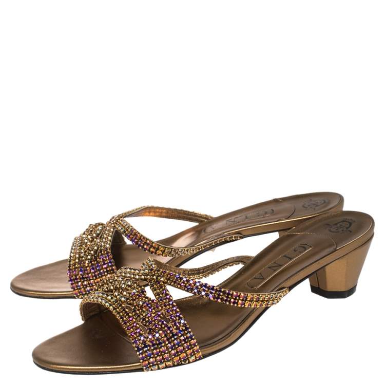 Pre Owned Gina Gold Leather Crystal Embellished Slide Sandals Size 41