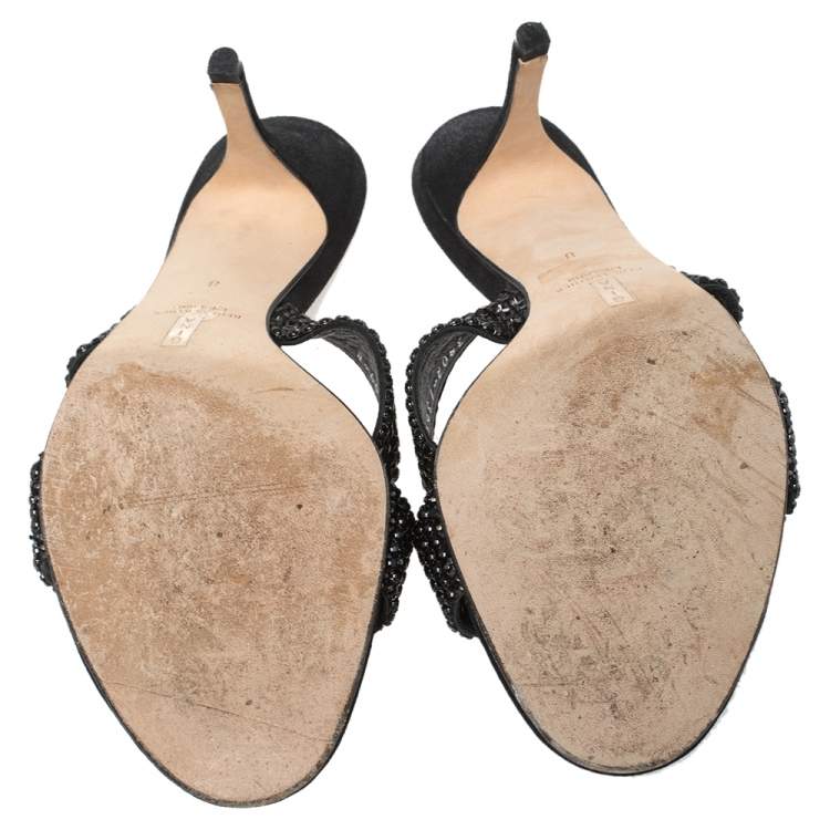 Pre Owned Gina Black Leather Crystal Embellished Slide Sandals Size 41
