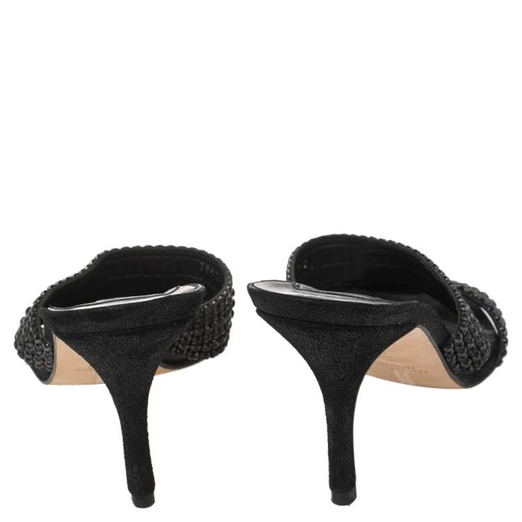 Pre Owned Gina Black Leather Crystal Embellished Slide Sandals Size 41