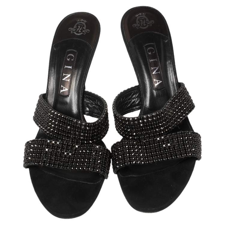 Pre Owned Gina Black Leather Crystal Embellished Slide Sandals Size 41