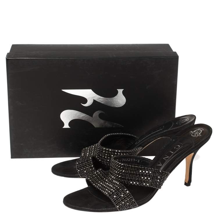 Pre Owned Gina Black Leather Crystal Embellished Slide Sandals Size 41