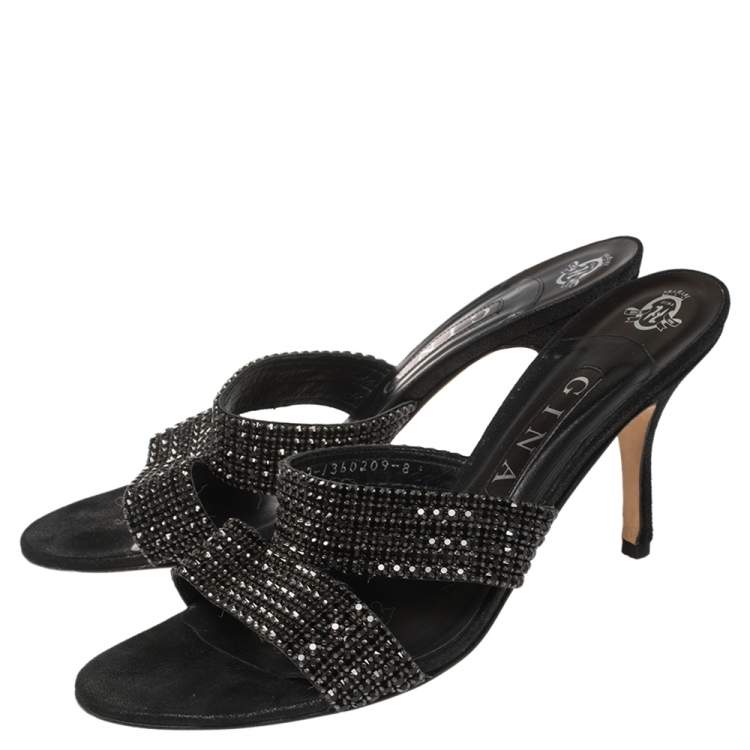 Pre Owned Gina Black Leather Crystal Embellished Slide Sandals Size 41