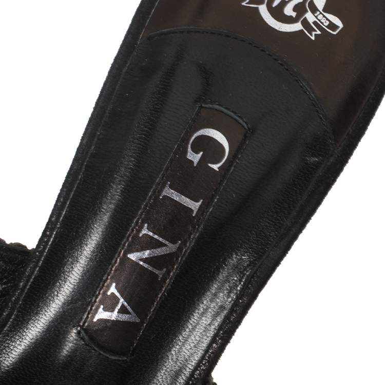 Pre Owned Gina Black Leather Crystal Embellished Slide Sandals Size 41