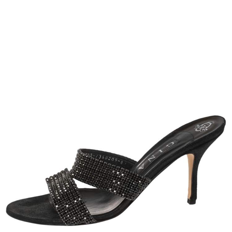Pre Owned Gina Black Leather Crystal Embellished Slide Sandals Size 41