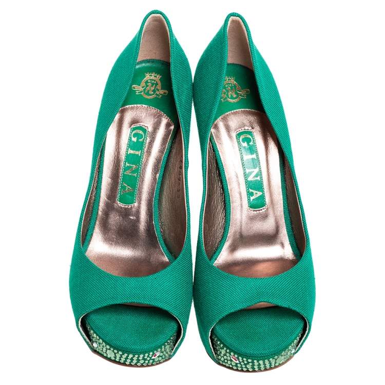 Pre Owned Gina Green Canvas Crystal Embellished Heel Peep Toe Platform Pumps Size 38.5