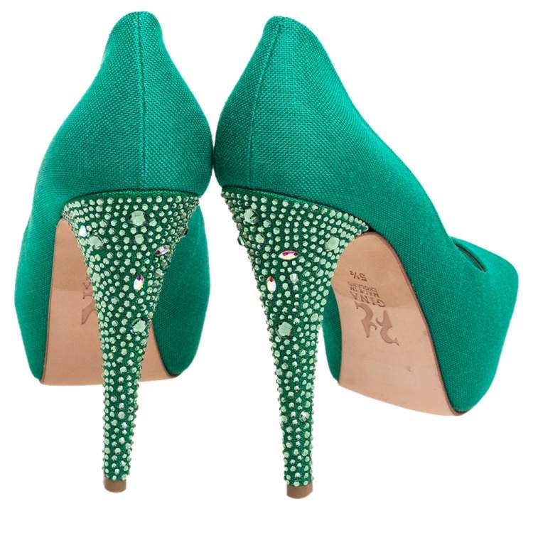 Pre Owned Gina Green Canvas Crystal Embellished Heel Peep Toe Platform Pumps Size 38.5