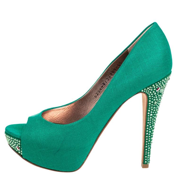 Pre Owned Gina Green Canvas Crystal Embellished Heel Peep Toe Platform Pumps Size 38.5