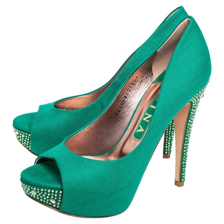 Pre Owned Gina Green Canvas Crystal Embellished Heel Peep Toe Platform Pumps Size 38.5