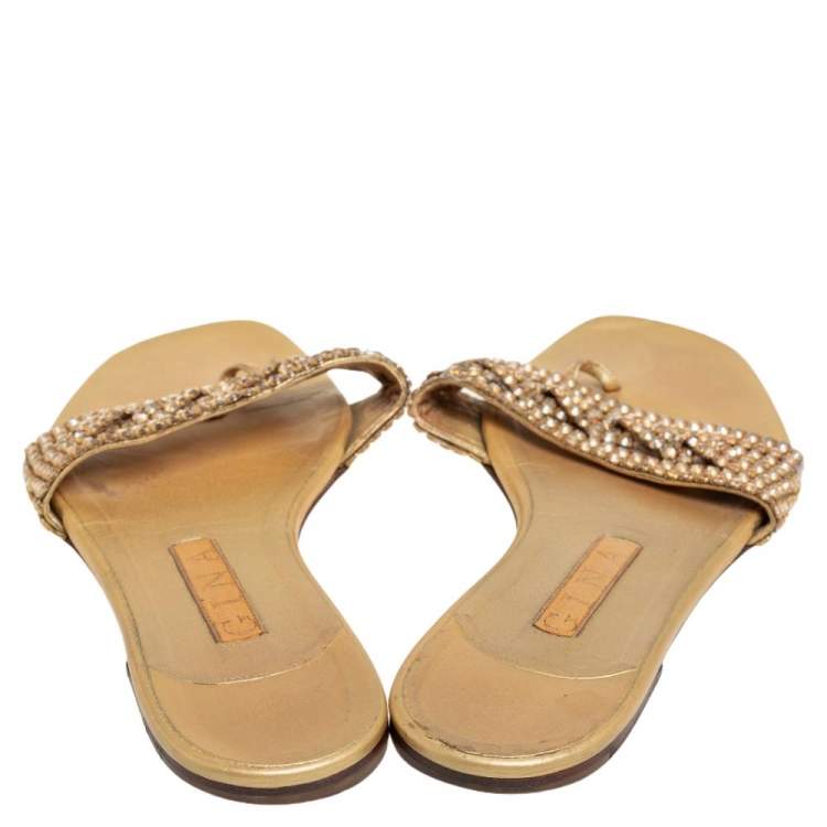Pre Owned Gina Gold Leather Crystal Embellished Thong Flat Slides Size 39.5