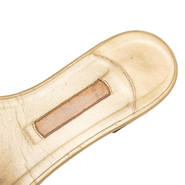Pre Owned Gina Gold Leather Crystal Embellished Thong Flat Slides Size 39.5