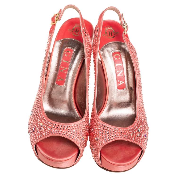 Pre Owned Gina Peach Satin Crystal Embellished Platform Peep Toe Slingback Sandals Size 38.5