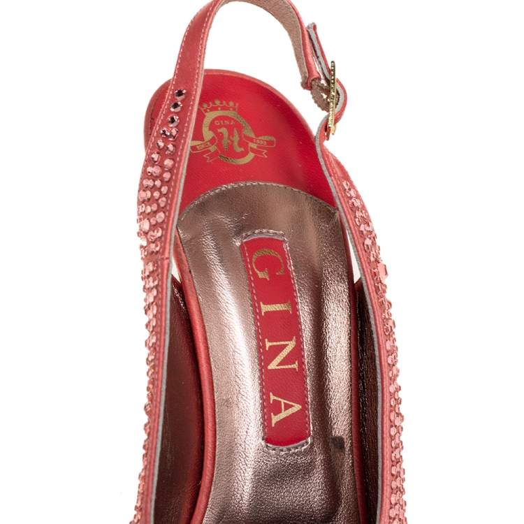 Pre Owned Gina Peach Satin Crystal Embellished Platform Peep Toe Slingback Sandals Size 38.5
