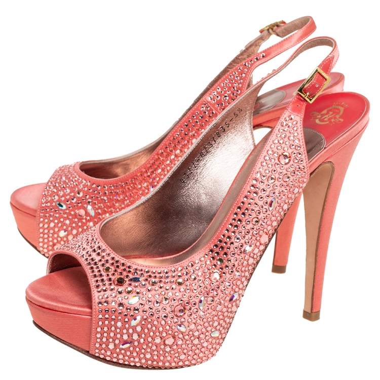 Pre Owned Gina Peach Satin Crystal Embellished Platform Peep Toe Slingback Sandals Size 38.5
