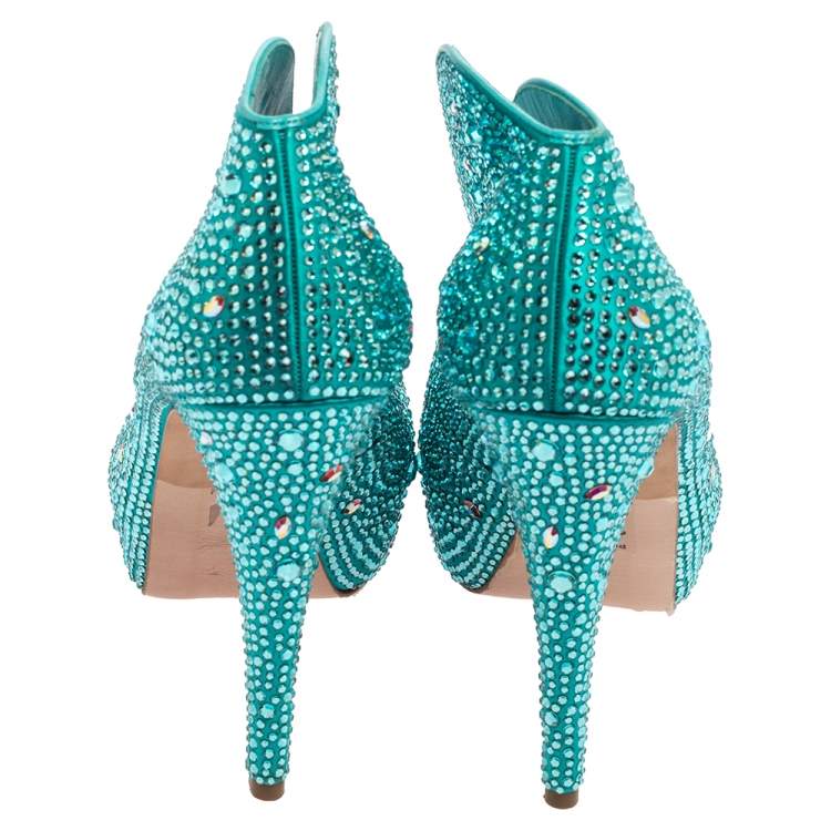 Pre Owned Gina Blue Satin Crystal Embellished Calamity Boots Size 38.5