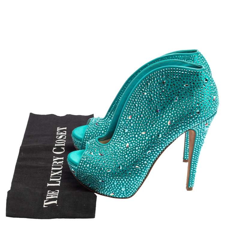 Pre Owned Gina Blue Satin Crystal Embellished Calamity Boots Size 38.5