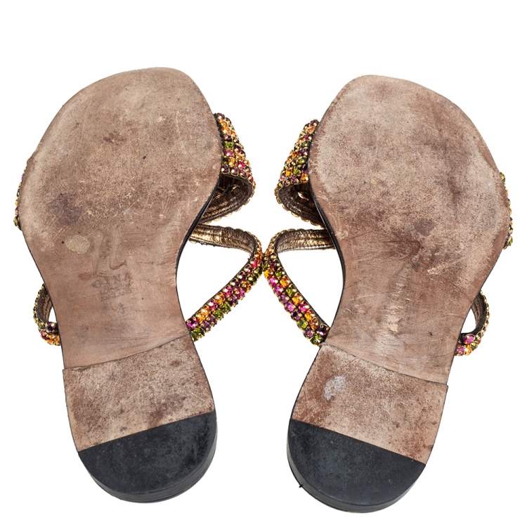 Pre Owned Gina Black Leather Crystal Embellished Slide Sandals Size 37