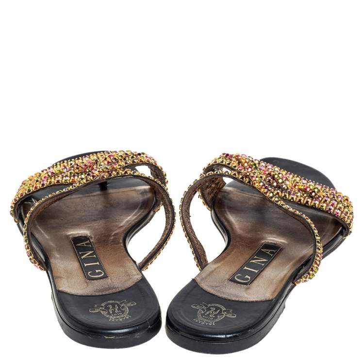 Pre Owned Gina Black Leather Crystal Embellished Slide Sandals Size 37