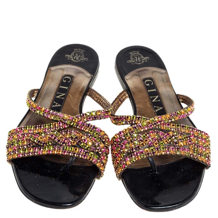 Pre Owned Gina Black Leather Crystal Embellished Slide Sandals Size 37