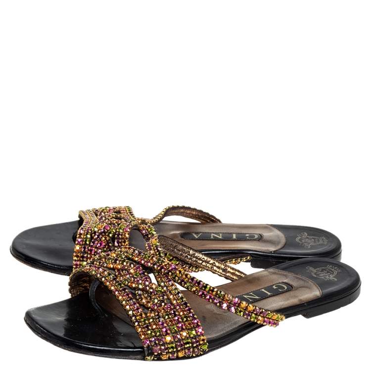 Pre Owned Gina Black Leather Crystal Embellished Slide Sandals Size 37