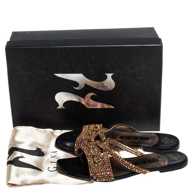 Pre Owned Gina Black Leather Crystal Embellished Slide Sandals Size 37