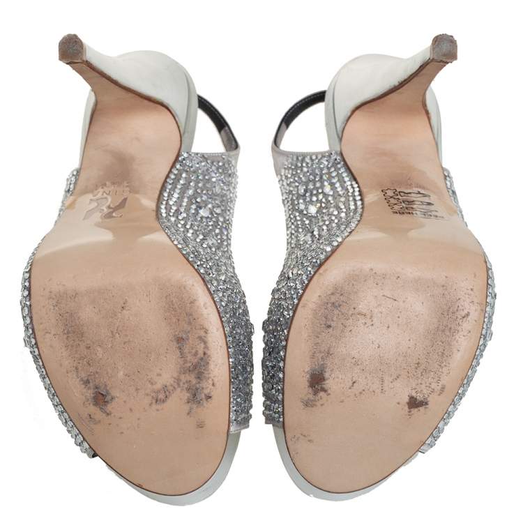 Pre Owned Gina Grey Satin Crystal Embellished Slingback Platform Sandals Size 37