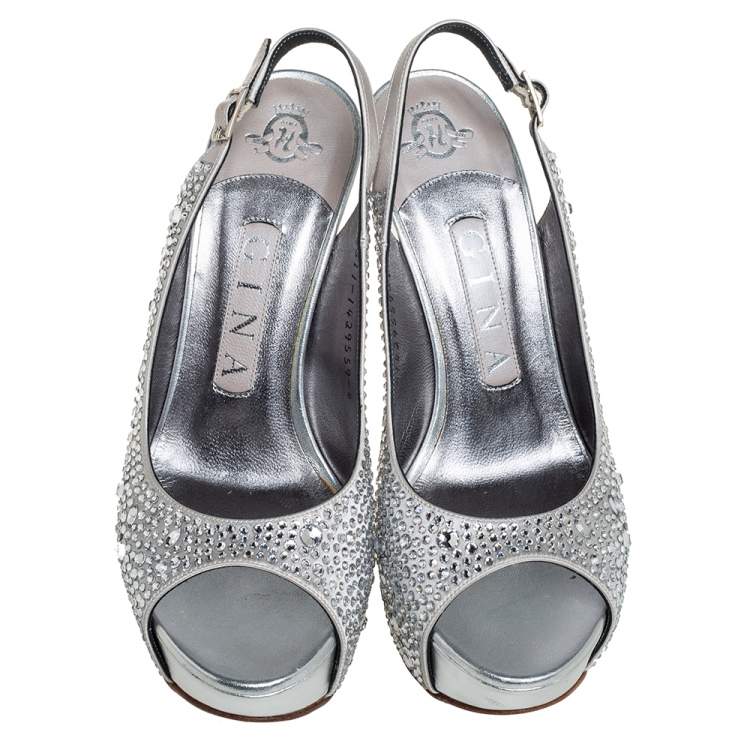 Pre Owned Gina Grey Satin Crystal Embellished Slingback Platform Sandals Size 37