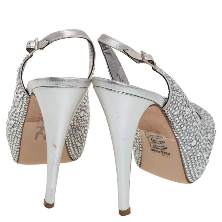 Pre Owned Gina Grey Satin Crystal Embellished Slingback Platform Sandals Size 37