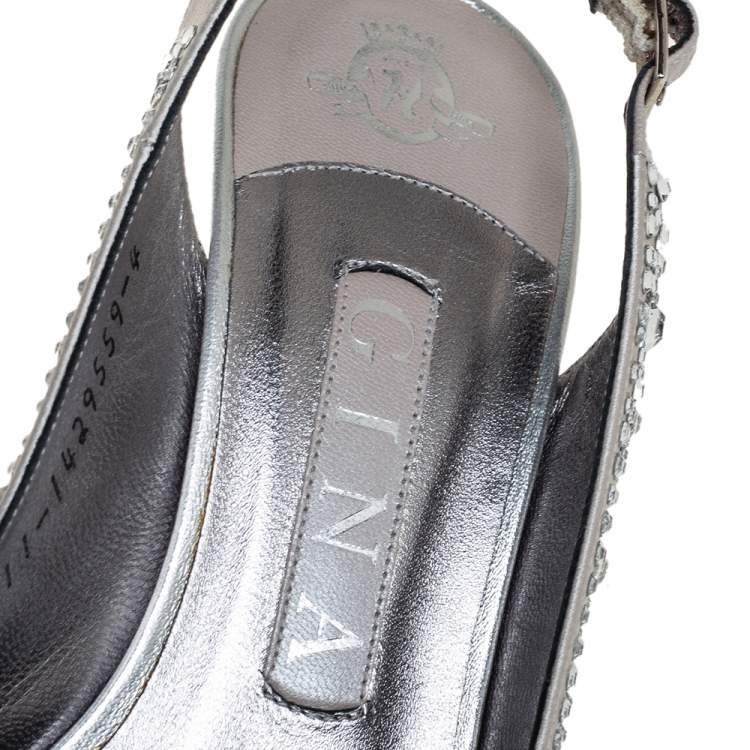 Pre Owned Gina Grey Satin Crystal Embellished Slingback Platform Sandals Size 37