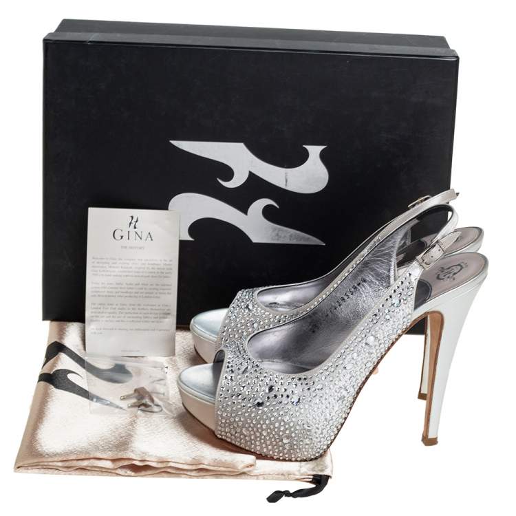 Pre Owned Gina Grey Satin Crystal Embellished Slingback Platform Sandals Size 37