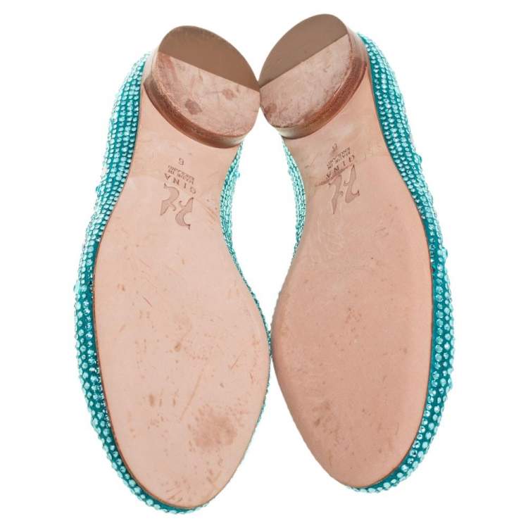 Pre Owned Gina Blue Satin Crystal Embellished Loafers Size 39 