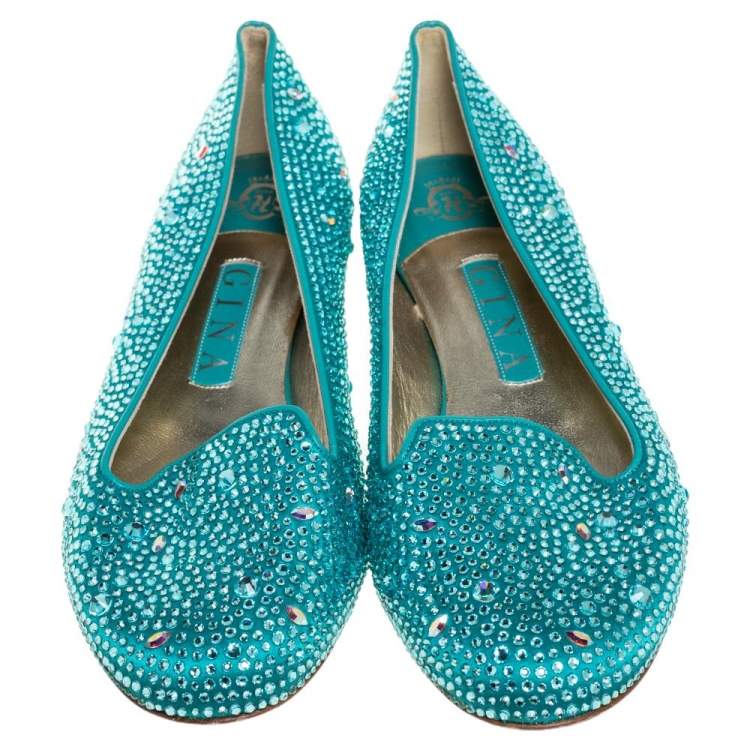 Pre Owned Gina Blue Satin Crystal Embellished Loafers Size 39 