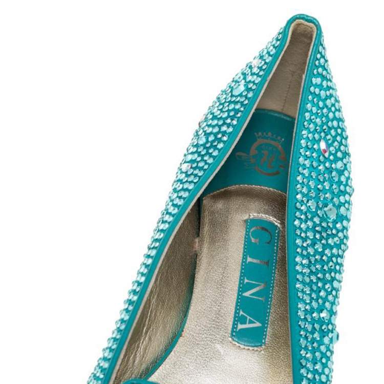 Pre Owned Gina Blue Satin Crystal Embellished Loafers Size 39 