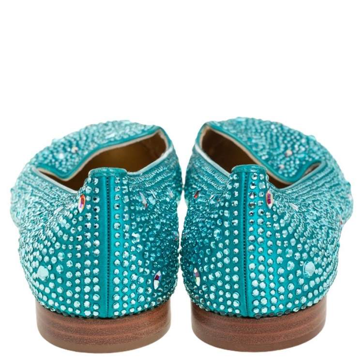 Pre Owned Gina Blue Satin Crystal Embellished Loafers Size 39 