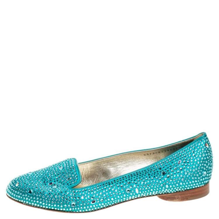 Pre Owned Gina Blue Satin Crystal Embellished Loafers Size 39 