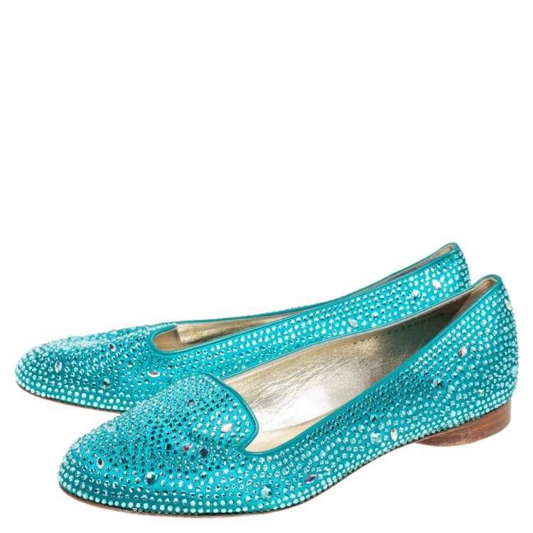Pre Owned Gina Blue Satin Crystal Embellished Loafers Size 39 