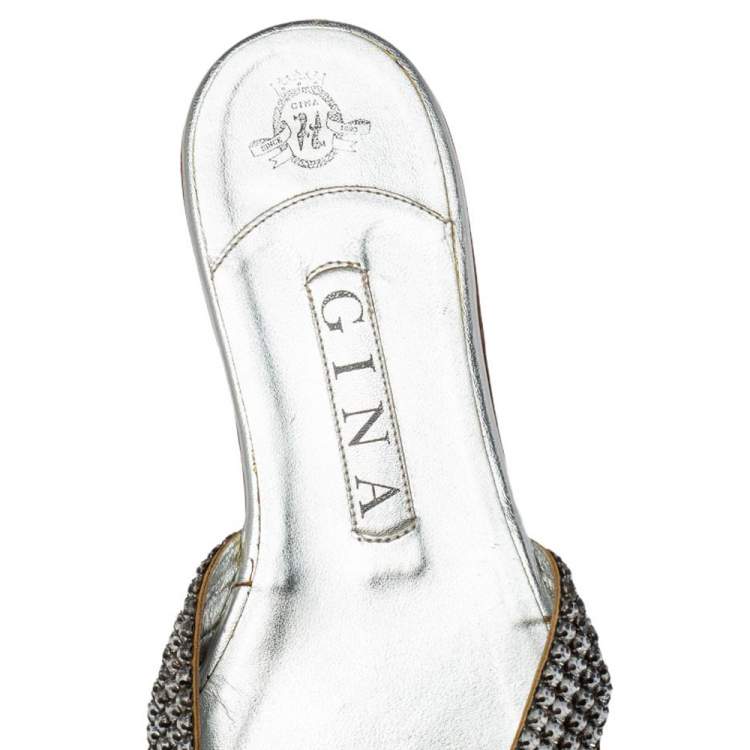 Pre Owned Gina Silver Leather Crystal Embellished Slide Sandals Size 39